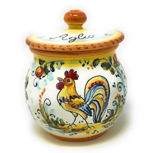 Italian Ceramic Art Pottery Brings Garlic Jar Holder Hand Painted Pattern Rooster Montelupo Tuscany Made in ITALY