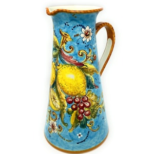Italian Ceramic Art Pottery Big Pitcher Wine-Water Hand Painted Pattern Amalfi Lemons Made in ITALY Tuscan Florence