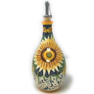 Italian Ceramic Art Pottery Hand Painted Oil Cruet Dispenser Sunflower Made ITALY Tuscan