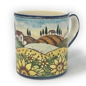 Italian Ceramic Art Pottery Mug Cup Decorated Sunflower Landscape Hand Painted Made in ITALY Tuscan