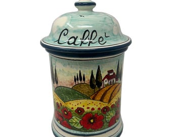 Italienische Keramik Kaffee (caffè) Glas Halter Kanister Topf mit Deckel Handgemalte Muster Mohnblumen Landschaft Toskanischen Made in ITALY Art Pottery