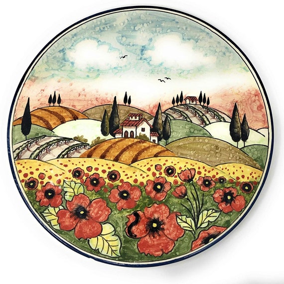 CERAMICHE DARTE PARRINI Italian Ceramic Hand Painted Bowl Serving Landscape Poppies Made in ITALY Tuscan Art Pottery 