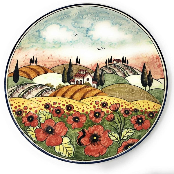 Italian Ceramic Art Pottery Plate to hang Hand Painted Pattern Landscape Poppies Tuscan Made in ITALY Florence