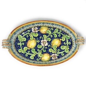 Italian Ceramic Art Pottery Serving Centerpiece Oval Hand Painted Pattern Lemons Made in ITALY Florence Tuscan