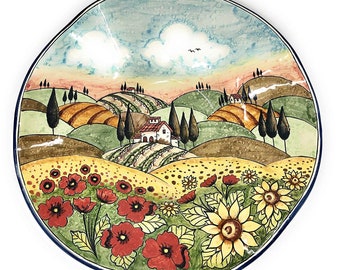 Italian Ceramic Serving Bowl Big Centerpiece Decorated Landscape Tuscan Home Decor Hand Painted Art Pottery Made in ITALY