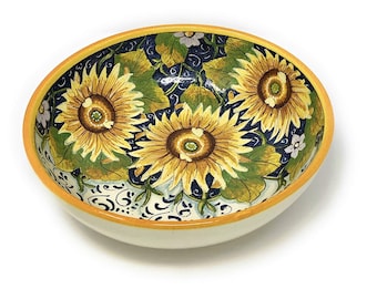 Italian Ceramic Serving Bowl for Pasta - Fruit- salad - rice Pattern Sunflower Art Pottery Made in ITALY Tuscan Florence