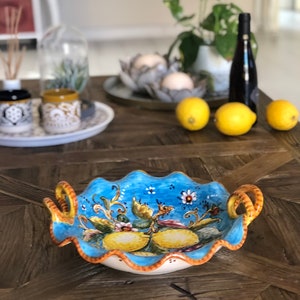 Italian Ceramic Art Pottery Serving Bowl Centerpiece with handle Hand Painted Collection Pattern Lemons Amalfi Made in ITALY Tuscan Florence image 3