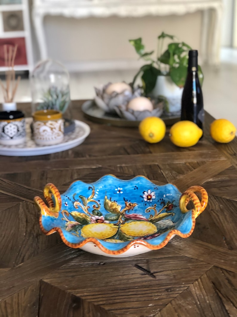 Italian Ceramic Art Pottery Serving Bowl Centerpiece with handle Hand Painted Collection Pattern Lemons Amalfi Made in ITALY Tuscan Florence image 3