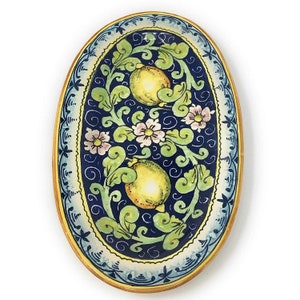 Italian Ceramic Pottery Art Pottery Small Oval Tray Plate Tile Pattern Lemons Hand Painted Made in ITALY Tuscany Florence