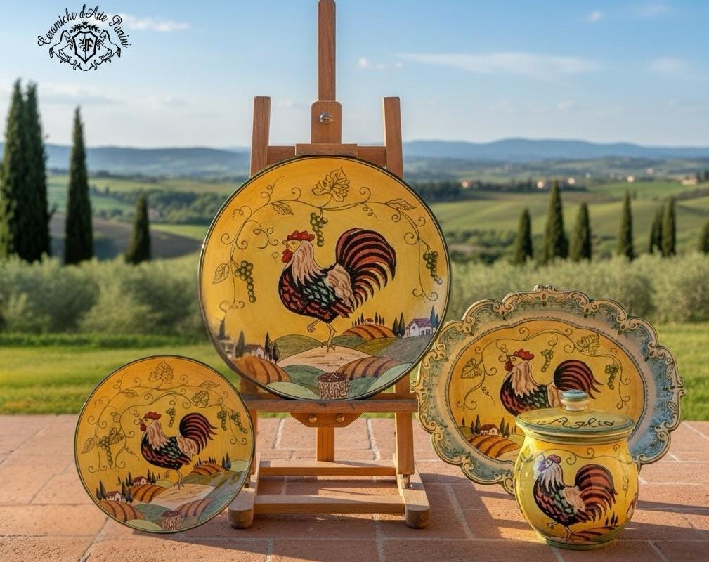 Italian Hand-Painted Ceramic Welcome Plaque - Tuscan Rooster & Landscape Design, 7.5" X 5.1" 11 thumbnail image