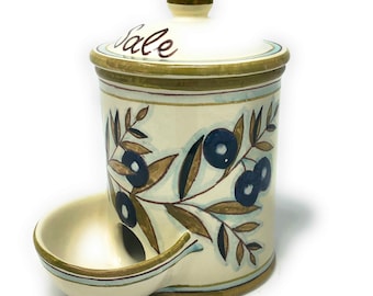 Italian Ceramic Jar Salt Holder Decorated Country Hand Painted Made in ITALY Tuscan Art Pottery