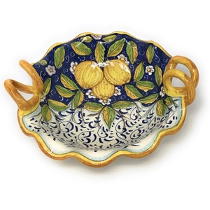 Italian Ceramic Serving Bowl Centerpiece with handles Pattern Lemons Art Pottery Made in ITALY Tuscany Florence