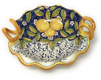 Italienische Keramik Servier Schüssel Herzstück mit Griffen Muster Zitronen Art Pottery Made in ITALY Toskana Florenz