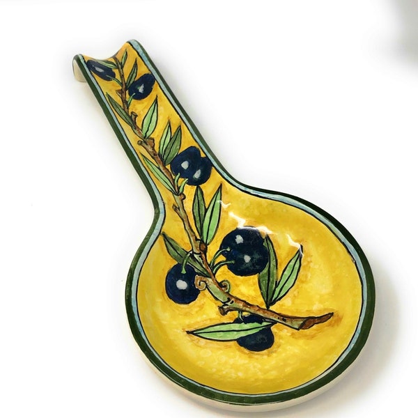 Italian Ceramic Spoon Rest Holder Decorated Olives Pottery Art Hand Painted Made in ITALY Tuscan