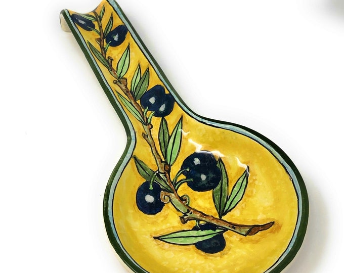 Italian Ceramic Spoon Rest Holder Decorated Olives Pottery Art Hand Painted Made in ITALY Tuscan