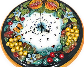 Italian Ceramic Wall Round Clock Art Pottery Hand Painted Decorated Fruits Made in ITALY Tuscan Florence Art Pottery