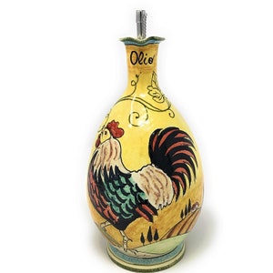 Italian Ceramic Art Pottery Oil Dispenser Big Cruet Pattern Tuscan Rooster Hand Painted Made in ITALY