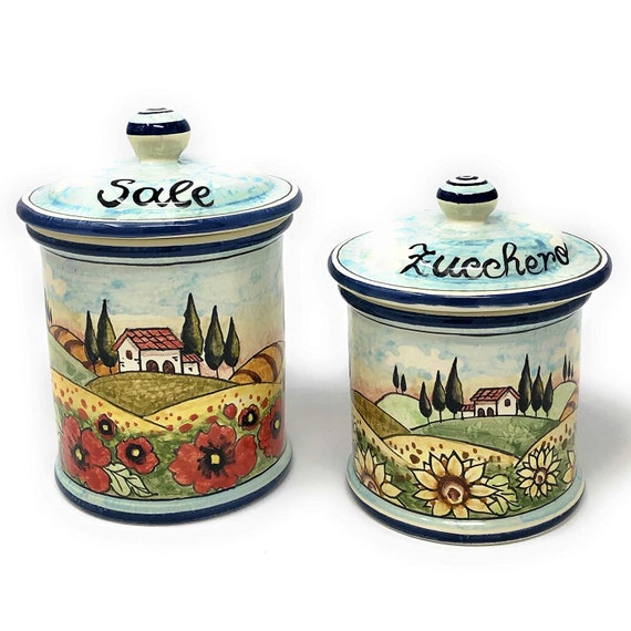Set in ceramica italiana Barattoli Contenitore per alimenti Sale e zucchero  Dipinto a mano con motivo paesaggi Toscano Made in Italy Ceramica artistica  -  Italia