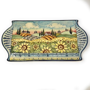 Italian Ceramic Art Cheese Tray Plate Appetizer Decorative Sunflower Landscape Tuscan Pottery Hand Painted Made in ITALY