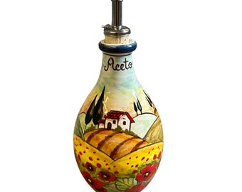 Dispensador de vinagre de cerámica artística italiana, vinagrera, ampolla, con diseño pintado a mano de paisaje y amapolas toscanas. Hecho en Italia.