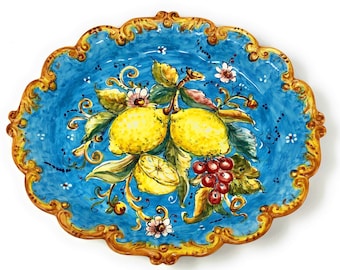 Italian Ceramic Pottery Serving Tray Plate to hang Hand Painted Pattern Amalfi Lemons Made in ITALY Tuscan Florence