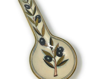 Italienischer Löffelablagehalter aus Keramik, verziert mit Oliven, Töpferkunst, handbemalt, hergestellt in der toskanischen ITALIEN