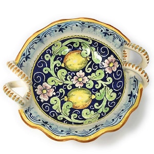 Italian Ceramic Art Pottery Serving Bowl Small Centerpieces Hand Painted Lemons Tuscan Made in ITALY