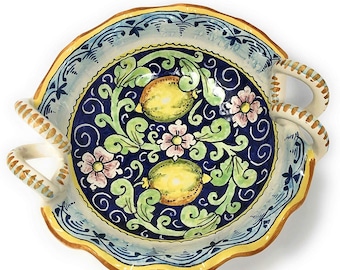 Italian Ceramic Art Pottery Serving Bowl Small Centerpieces Hand Painted Lemons Tuscan Made in ITALY