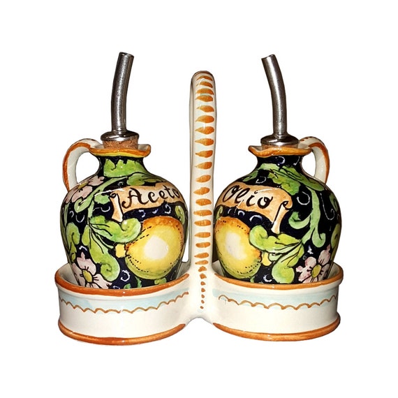 Italian Ceramic Art Pottery Dispenser Set Oil Cruet Vinegar Decorated Three Lemons Tuscany Hand Painted Made in ITALY CERAMICHE DARTE PARRINI