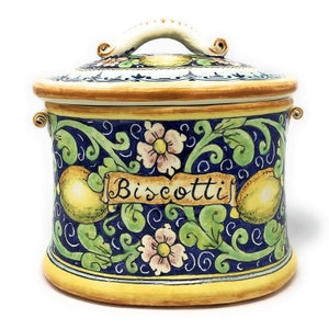 Italian Ceramic Big Cookies Jar Biscotti Hand Painted Pattern Lemons Made in ITALY Tuscan Art Pottery Florence