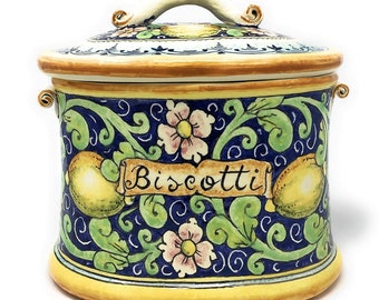 Italian Ceramic Big Cookies Jar Biscotti Hand Painted Pattern Lemons Made in ITALY Tuscan Art Pottery Florence