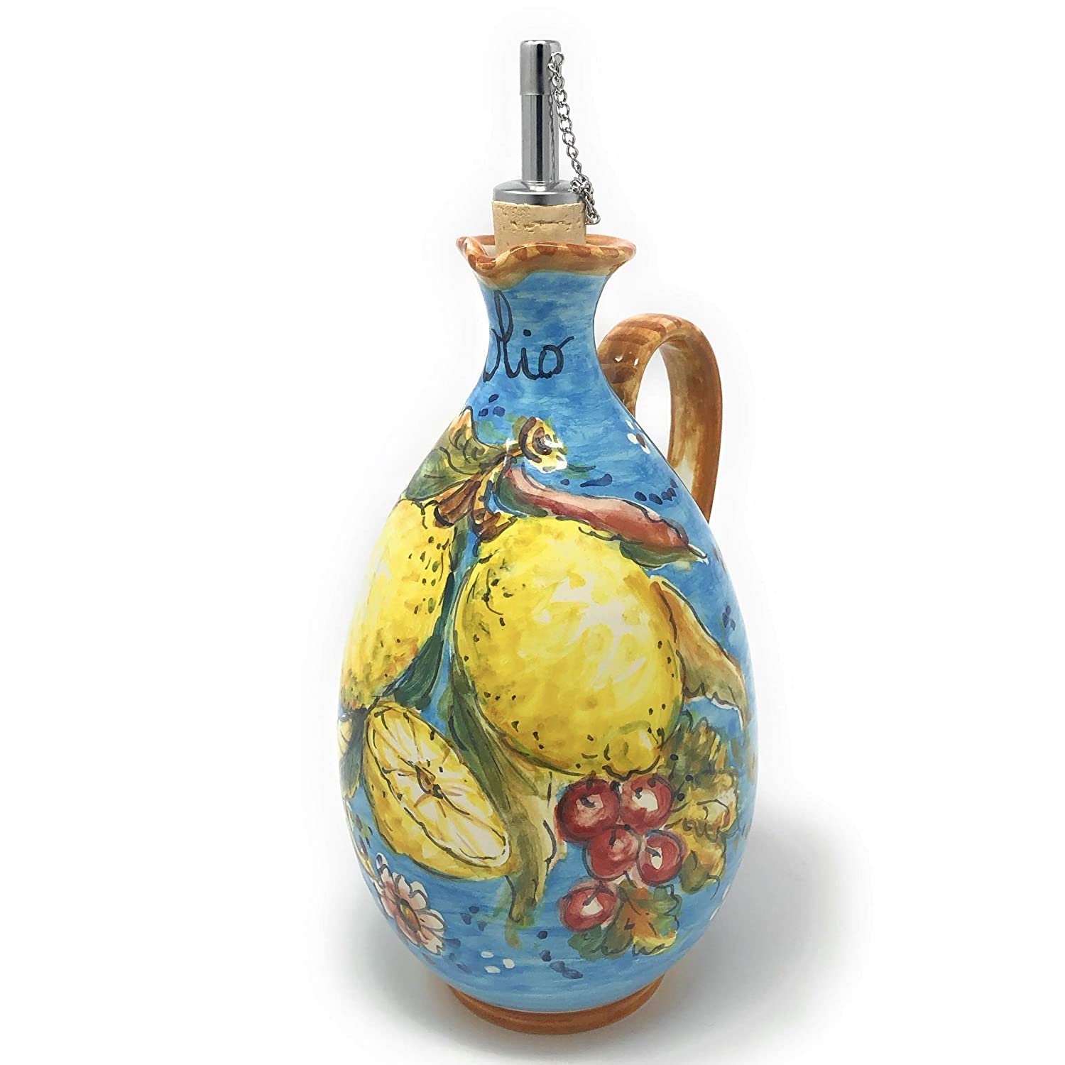 Italian Ceramic Art Pottery Oil Dispenser Cruet Bottle Pattern Lemons Amalfi Hand Painted Made in ITALY Tuscan