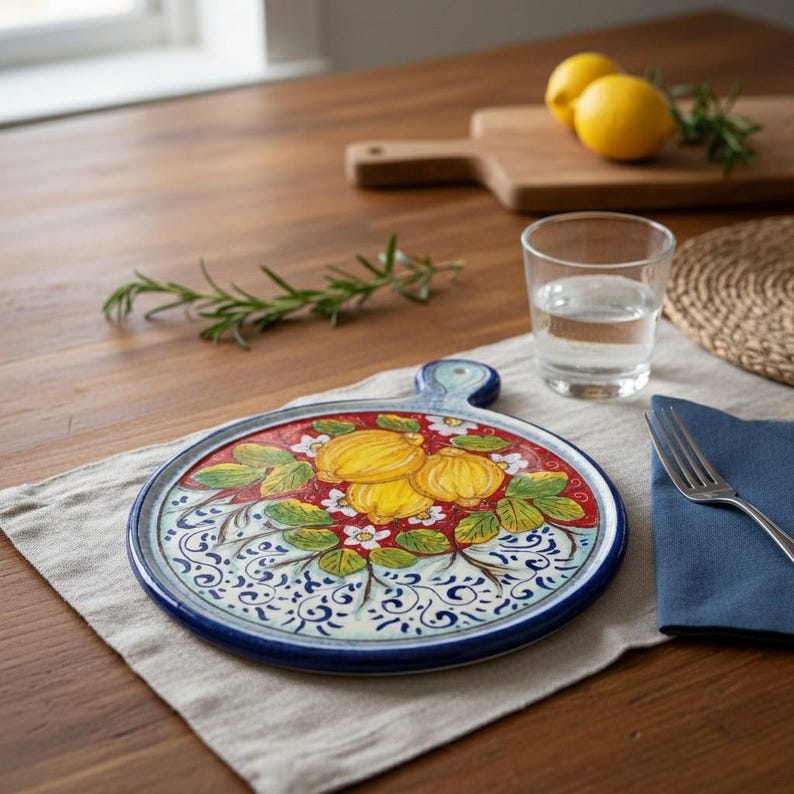 Italian Ceramic Art Utensil Kitchenware Trivet Pottery Decorated Lemons ...