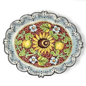 Italian Ceramic Art Pottery Plate Serving Tray Hand Painted Pattern Lemons and sunflower Made in ITALY Tuscany Florence