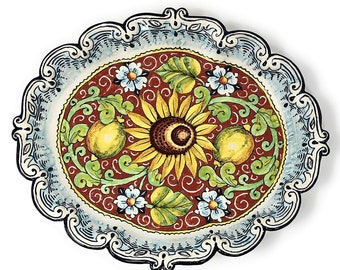 Italian Ceramic Art Pottery Plate Serving Tray Hand Painted Pattern Lemons and sunflower Made in ITALY Tuscany Florence