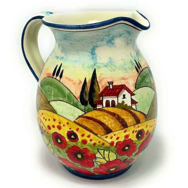 Italian Ceramic Art Pottery Pitcher Vino Vine gal 0,264 Hand Painted Collection Landscape Poppies Tuscan Made in ITALY