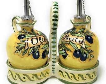 Juego de vinagrera de cerámica italiana, dispensador de aceite y vinagre, cerámica artística pintada a mano, patrón de aceitunas de Florencia, Toscana, hecho en Italia.