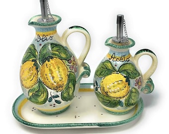 Juego de vinagrera de cerámica italiana, aceitera y vinagrera + bandeja pequeña, cerámica artística pintada a mano, hecha en Italia, Toscana