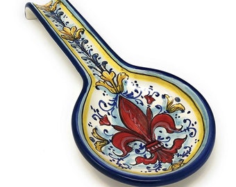 Italian Ceramic Spoon Rest Holder Decorated Lily Red Pottery Art Hand Painted Made in ITALY Tuscan Florence