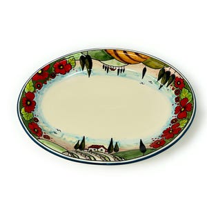 Italian Ceramic Art Pottery Serving Bowl Small Tray Oval Hand Painted Pattern Cypresses Tuscan Made in ITALY Florence
