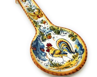 Italian Ceramic Pottery Ladle Rest Spoon Pattern Rooster Montelupo Art Hand Painted Made in ITALY Tuscany Florence