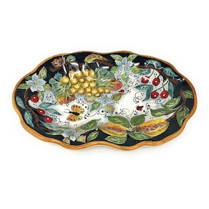 Italian Ceramic Serving Oval Bowl for Pasta - Fruits- salad - rice- Pattern Black Art Pottery Made in ITALY Tuscany