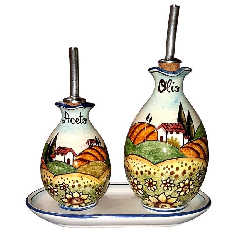 Italian Ceramic Set Cruet Oil Vinegar Art Pottery Hand Painted Etsy