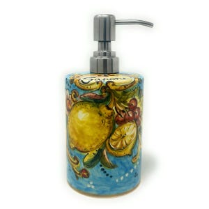Italienischer Keramik Seifenspender mit Rost Edelstahl für Bad, Küche handgemalte Muster Zitronen Amalfi Made in ITALY