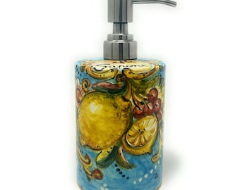 Italian Ceramic Soap Dispenser with Rust Proof Stainless for Bathroom ,Kitchen Hand Painted Pattern Lemons Amalfi Made in ITALY