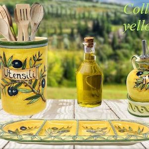 Italian Ceramic Art Pottery Oil Cruet Dispenser Bottle with handle Hand Painted Pattern Olives Made in ITALY Tuscan Florence image 4