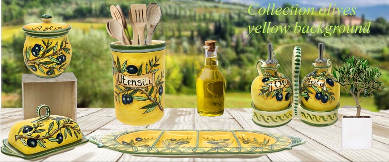 Italian Ceramic Art Pottery Oil Cruet Dispenser Bottle with handle Hand Painted Pattern Olives Made in ITALY Tuscan Florence image 4