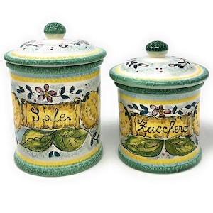 Conjunto de cerâmica italiana, potes, recipientes para armazenamento de alimentos, sal e açúcar, pintados à mão, padrão de limões, feito na ITÁLIA, cerâmica de arte toscana