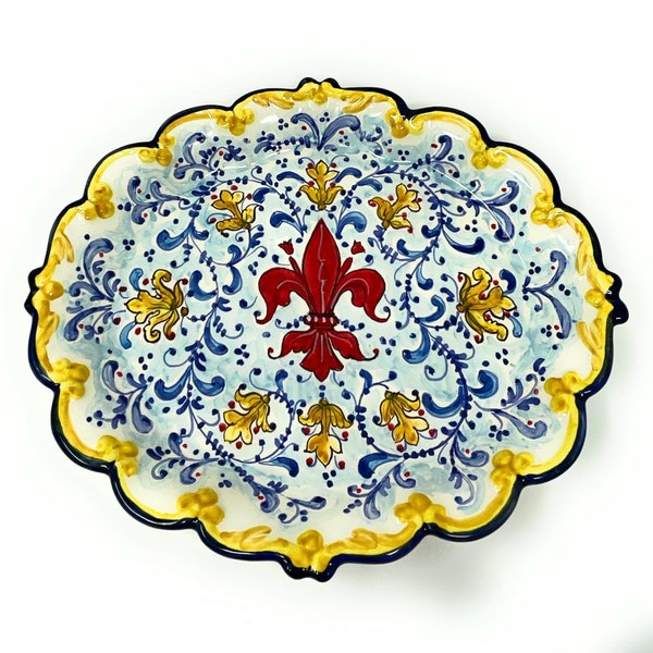 Assiette en céramique italienne, poterie, plateau de service, motif lys Florence peint à la main, fabriqué en Italie, toscane