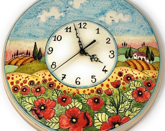 Italian Ceramic Wall Clock Decorated Landscape Poppies Hand Painted Made in ITALY Tuscan Art Pottery